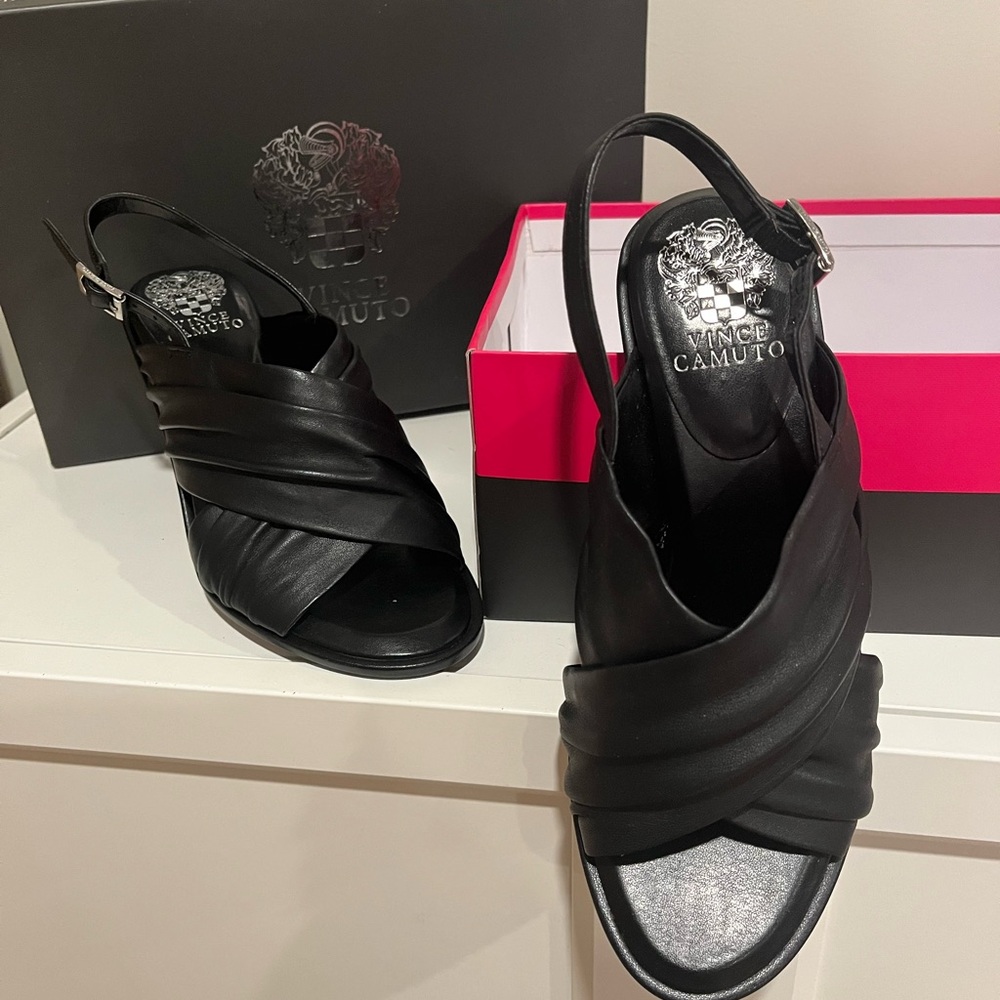 Vince Camuto Black Heeled Sandals with Crisscross Straps